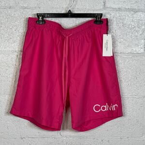 Calvin Klein Men's Logo 7" Volley Swim Trunks, Pink Large
